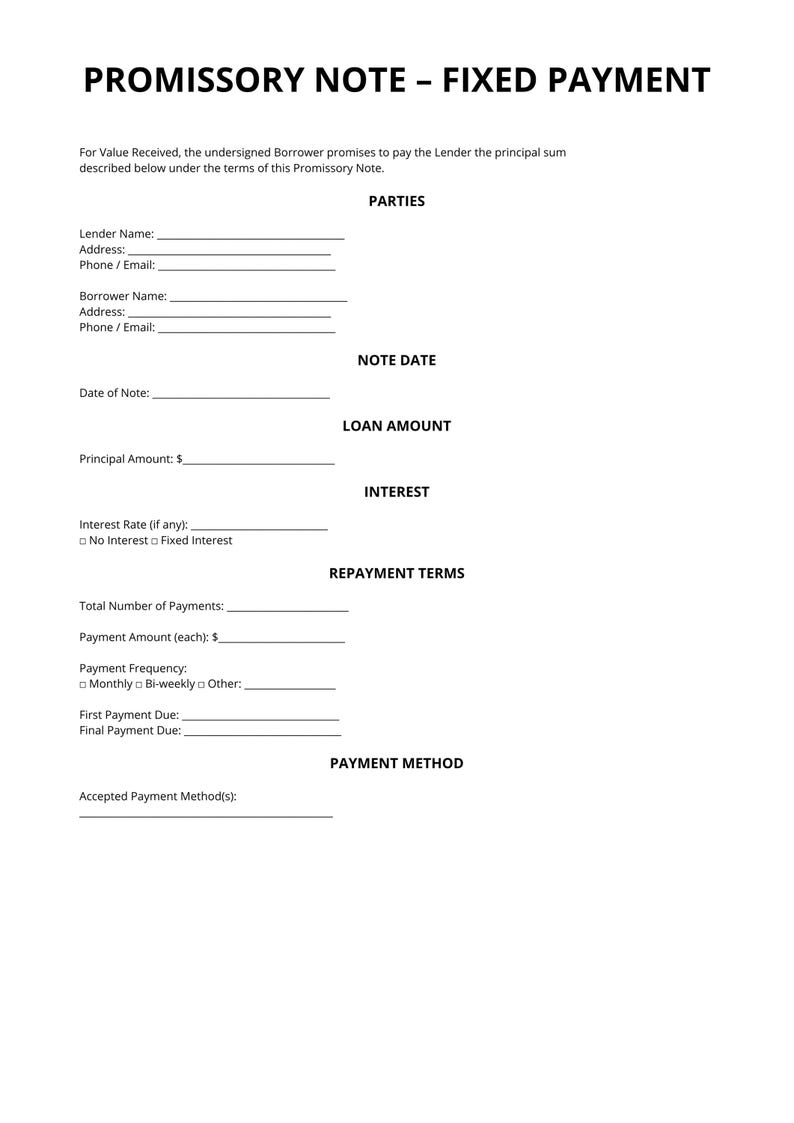 Fixed Payment Promissory Note Template | Loan Agreement | Editable ...
