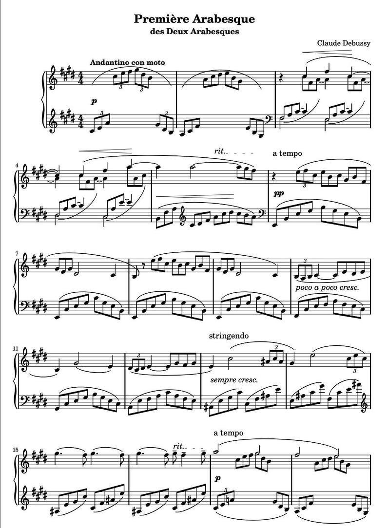 May include: Sheet music for "Premi&egrave;re Arabesque des Deux Arabesques" by Claude Debussy. The black and white score features musical notation, including treble and bass clefs, dynamic markings, and tempo indications like "Andantino con moto."