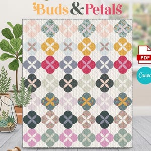 Op de afbeelding: Een quiltpatroon getiteld "Buds & Petals" met een herhalend bloemmotief in verschillende kleuren, waaronder roze, geel, blauw en groen. Het patroon wordt weergegeven op een witte achtergrond met een gewatteerde textuur. De tekst onderaan luidt "Pattern Only Fabric Not Included".