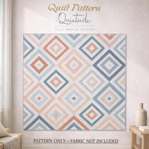 Può includere: Un modello di quilt intitolato "Quietude, Gulf Breeze Edition" con un design geometrico a rombi nei toni del blu, pesca e crema. Il testo "Pattern Only - Fabric Not Included" è in basso.