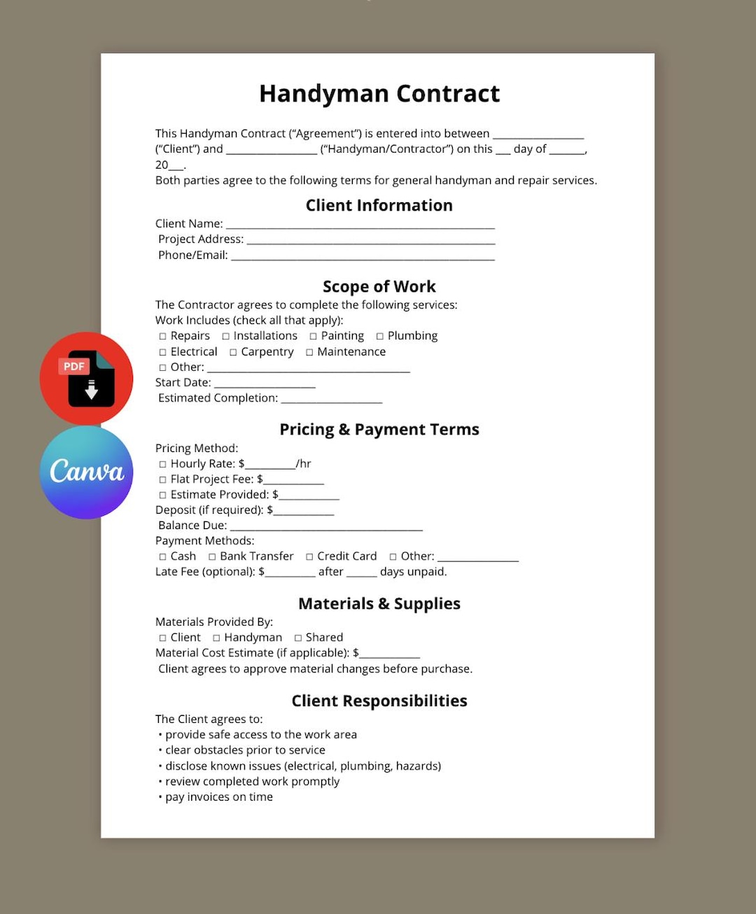 Handyman Contract Template Editable Contractor Agreement Form