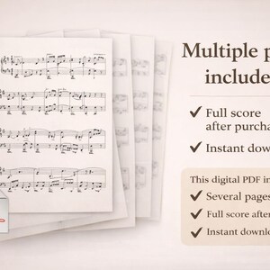 May include: A stack of sheet music pages with musical notes, featuring the text "Multiple pages included: Full score after purchase, Instant download." A PDF icon is visible.