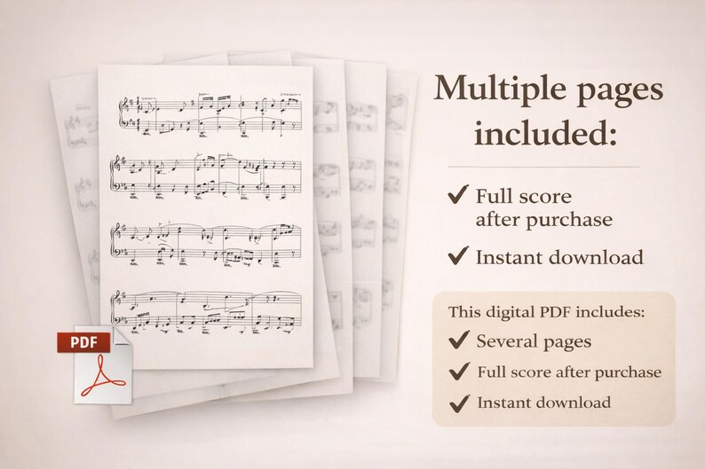 May include: A stack of sheet music pages with musical notes, featuring the text "Multiple pages included: Full score after purchase, Instant download." A PDF icon is visible.