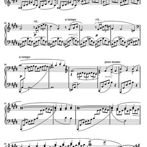 May include: Sheet music with musical notation, including treble and bass clefs, notes, and dynamic markings. The score features phrases like "rit.", "a tempo", and "poco mosso". The music is written in black ink on a white background.