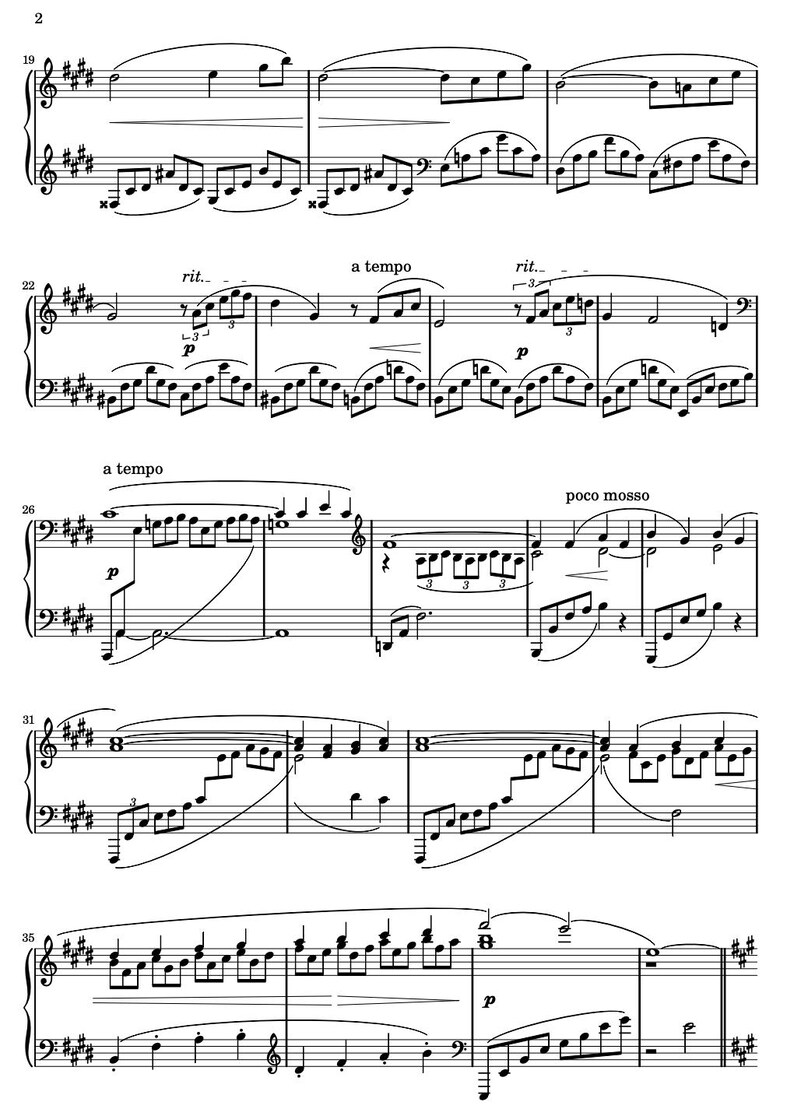May include: Sheet music with musical notation, including treble and bass clefs, notes, and dynamic markings. The score features phrases like "rit.", "a tempo", and "poco mosso". The music is written in black ink on a white background.