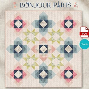 Bonjour Paris Quilt Pattern PDF – Modern Geometric Quilt, HST & Flying Geese Pattern, 72x72 Throw Quilt, French Style Quilt