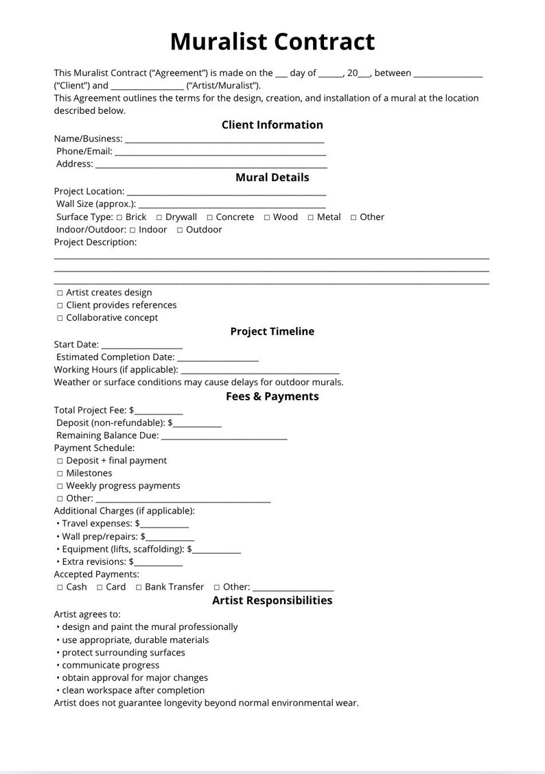 Muralist Contract Template Editable Mural Agreement Form Printable