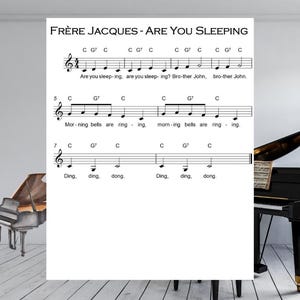 Partitura fácil para piano de Frère Jacques em PDF | Solo em cânone para iniciantes