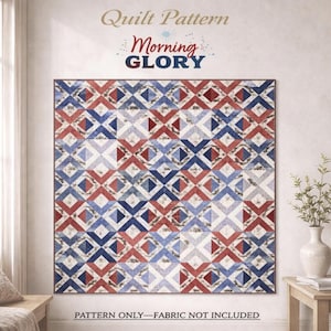 Può includere: Un modello di quilt intitolato "Morning Glory" con un design geometrico in rosso, bianco e blu. Il modello presenta elementi a forma di diamante e a forma di X. Il testo "Pattern Only - Fabric Not Included" è in basso.