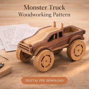May include: A wooden monster truck model with large, detailed wheels and a two-tone body. The text "Monster Truck Woodworking Pattern" is displayed above the truck. The image also includes woodworking tools and pattern sheets.
