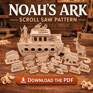 May include: A wooden Noah's Ark scroll saw pattern with animal figures. The ark has circular windows and a roof. The image includes the text "NOAH'S ARK - SCROLL SAW PATTERN" and a button that says "DOWNLOAD THE PDF".