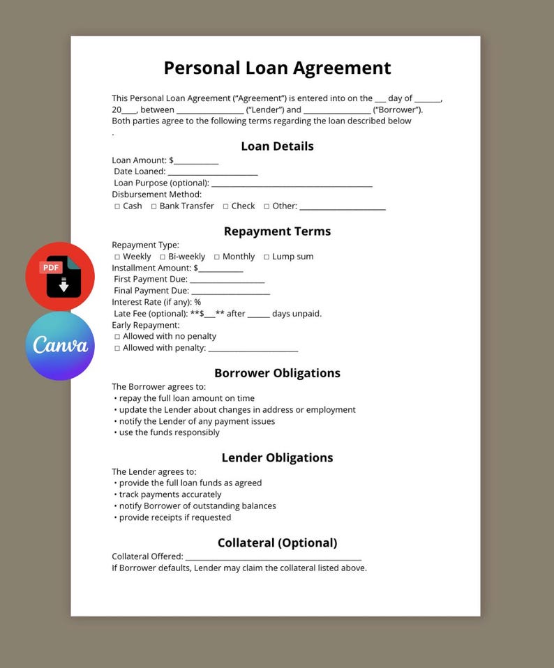 Personal Loan Agreement Template | Editable Loan Contract Form ...