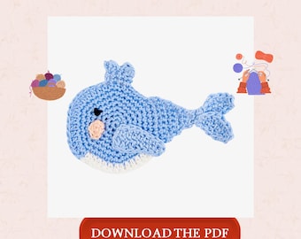 Whale Crochet Pattern PDF, Cute Whale Applique Pattern, Ocean Animal Crochet Patch, Tote Bag Crochet Design