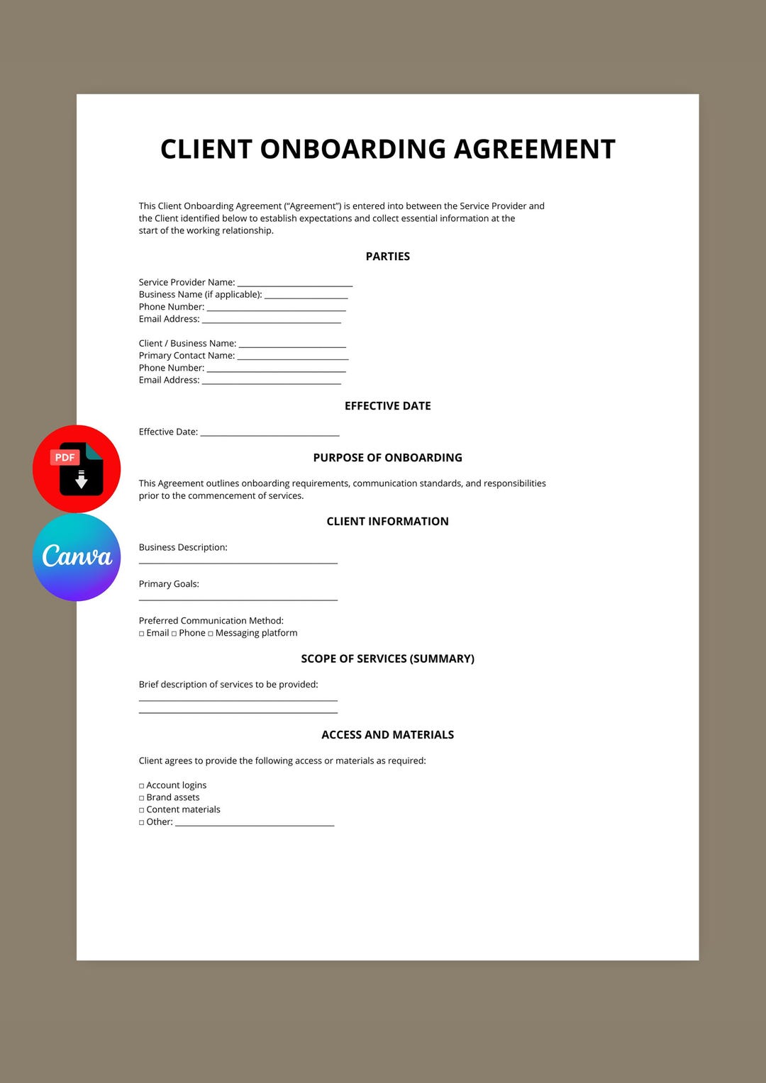 Client Onboarding Agreement Template | Intake Form Contract (canva PDF ...
