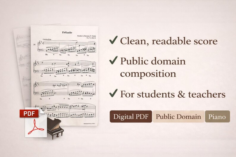 May include: Sheet music for piano, featuring a clean, readable score of a public domain composition. The image includes the text "Digital PDF", "Public Domain", and "Piano". Designed for students and teachers.