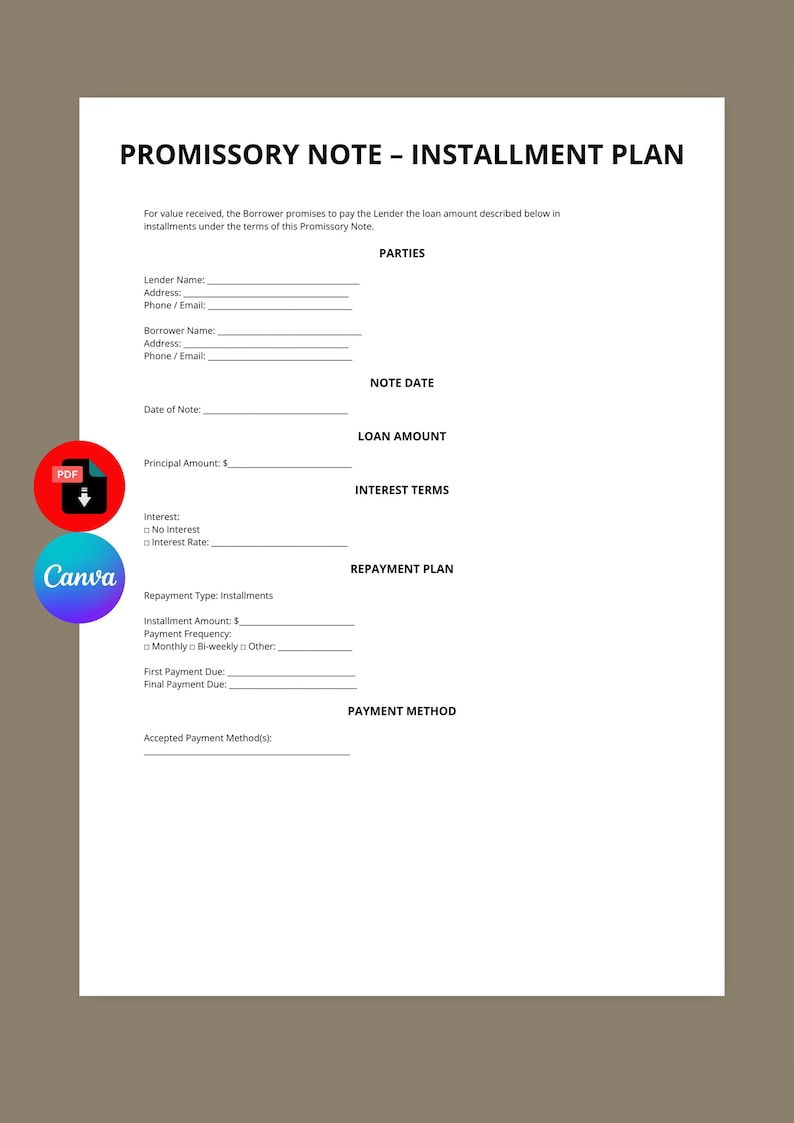Promissory Note Installment Plan Template | Loan Agreement | Repayment ...