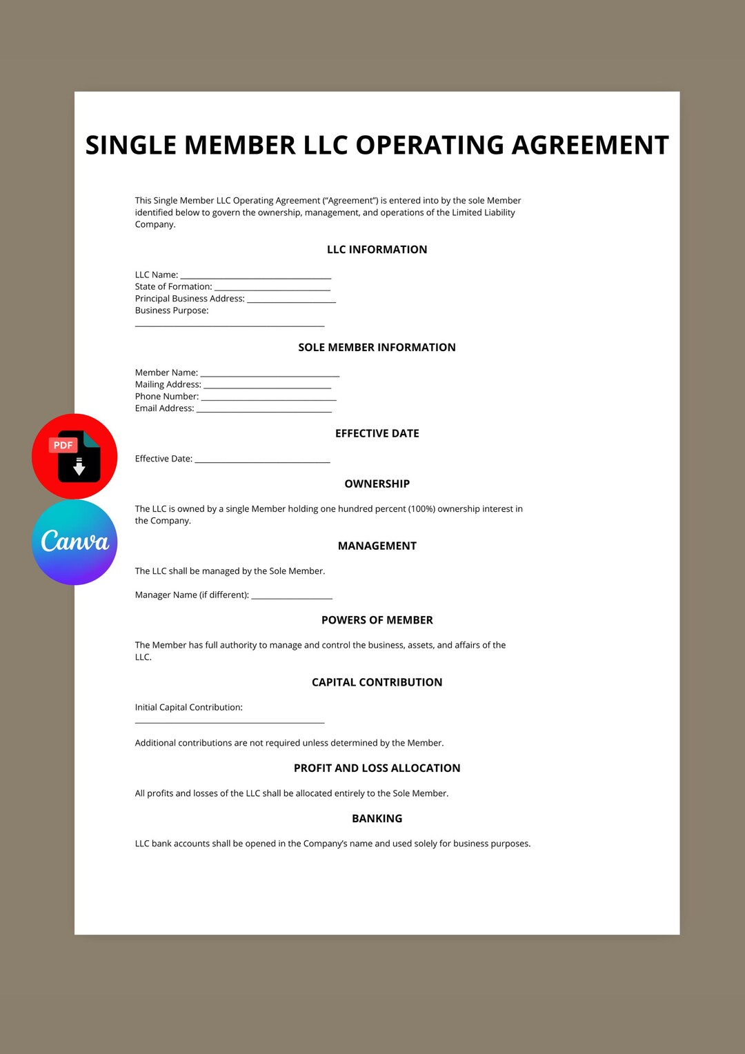 Single Member LLC Operating Agreement Template (canva, Digital Download ...