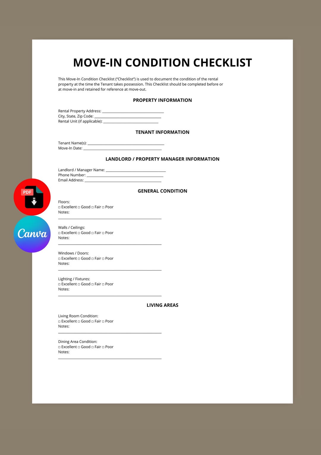 Rental Move-in Condition Checklist | Editable Property Inspection Form ...