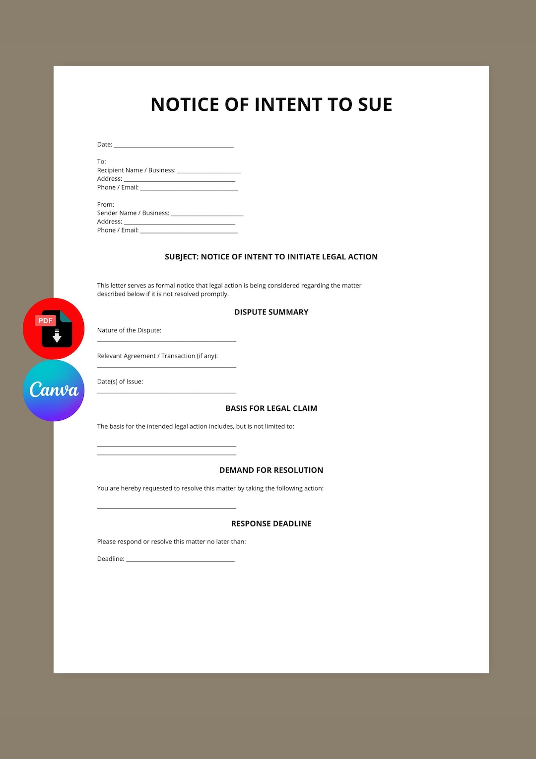 Sue Format Notice of Intent to Sue Template | Legal Demand Letter (canva Editable ...