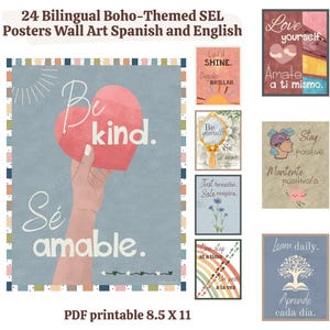 Bilingual Affirmation Posters Spanish English | Boho Printable Wall Art for SEL, Classroom Decor, Kids Room, Therapy Office