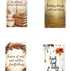 Può includere: Quattro illustrazioni ad acquerello con temi autunnali. Una mostra una pila di libri, una tazza di tè e il testo: "Rain on the roof, tea in hand, autumn understands". Un'altra raffigura un sentiero attraverso una foresta dorata con il testo: "Walking through gold and silence".