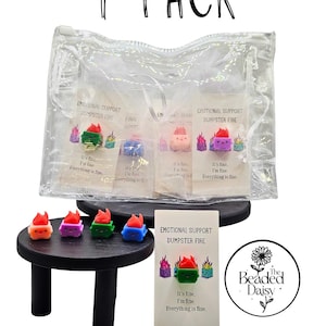 May include: A 4-pack of colorful "Emotional Support Dumpster Fire" pins. Each pin features a small, square dumpster with flames, in orange, purple, green, and blue. The pins are displayed on a small black table and in a clear bag.