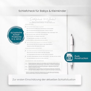 Könnte beinhalten: Ein weißes Dokument mit deutschem Text, ein blauer Kreis mit Text und ein weißer Stift. Das Dokument ist ein Schlaf-Check für Babys und Kleinkinder mit einem Abschnitt für Schlafprobleme. Das Dokument hat ein PDF-Symbol und die Worte "Zum Ausdrucken".