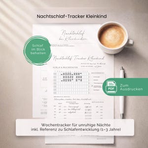 Könnte beinhalten: Ein gedruckter Schlaftracker für Kleinkinder mit deutschem Text, darunter "Nachtschlaf-Tracker Kleinkind". Der Tracker enthält Abschnitte für Schlaf- und Wachfenster sowie einen Notizbereich. Eine Tasse Kaffee und ein Stift liegen ebenfalls auf dem Papier.