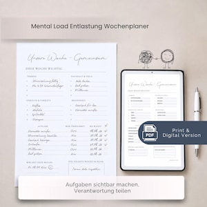 May include: A white paper weekly planner titled "Unsere Woche - Gemeinsam" with sections for appointments, chores, shopping, and tasks, alongside a tablet displaying the same digital planner and a white pen, featuring a small hand-drawn doodle.