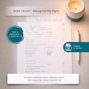 Könnte beinhalten: Ein druckbares PDF-Dokument mit dem Titel "Night Terrors - Recognize the Signs" mit einem tealfarbenen Kreis mit der Aufschrift "Not a nightmare - a night terror". Das Dokument enthält ein Formular zum Aufzeichnen und Interpretieren von Nachtangst. Eine brennende Kerze und ein Stift sind ebenfalls im Bild.
