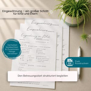 May include: A stack of white papers with German text, including "Eingewöhnung" and "Verhalten beobachten". A pen and a small potted plant are also visible. The papers have a teal and white circle with German text.
