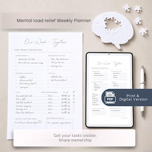 May include: A white paper weekly planner titled Our Week - Together with sections for priorities, appointments, tasks, and shopping. A tablet displays the same digital planner, accompanied by a white pen and a white brain-shaped puzzle piece.
