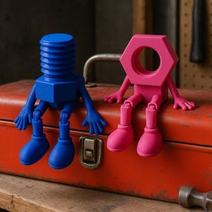 May include: Two quirky bolt and nut figures, one blue and one pink, sit on a rusty red toolbox. The bolt has a square head and the nut is hexagonal. Both have arms, legs, and feet. Tools are in the background.