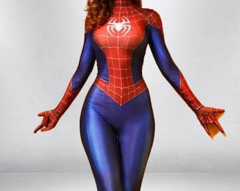Spiderwoman Cosplay Costume Adults and Kids, Featuring Printed Female Spider Superhero Design Bodysuit for Girls and Women for Halloween