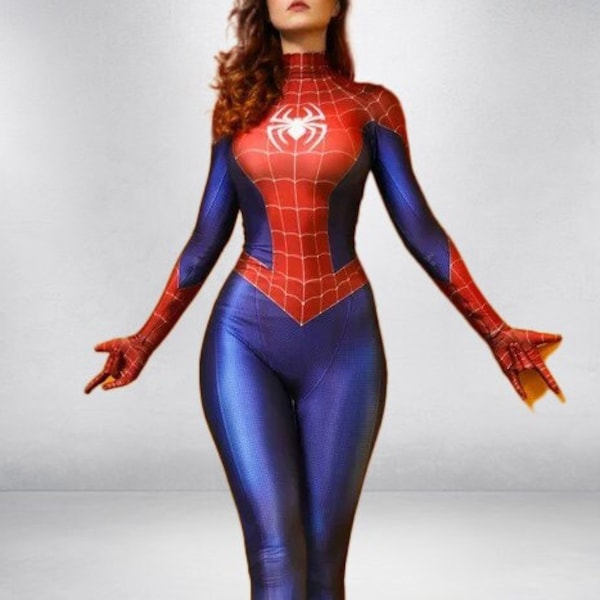 Spiderwoman Cosplay Costume Adults and Kids, Featuring Printed Female Spider Superhero Design Bodysuit for Girls and Women for Halloween