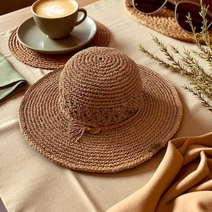 Crochet Wide Brim Sun Hat: Natural Brown Straw, Handmade Boho Beach Hat