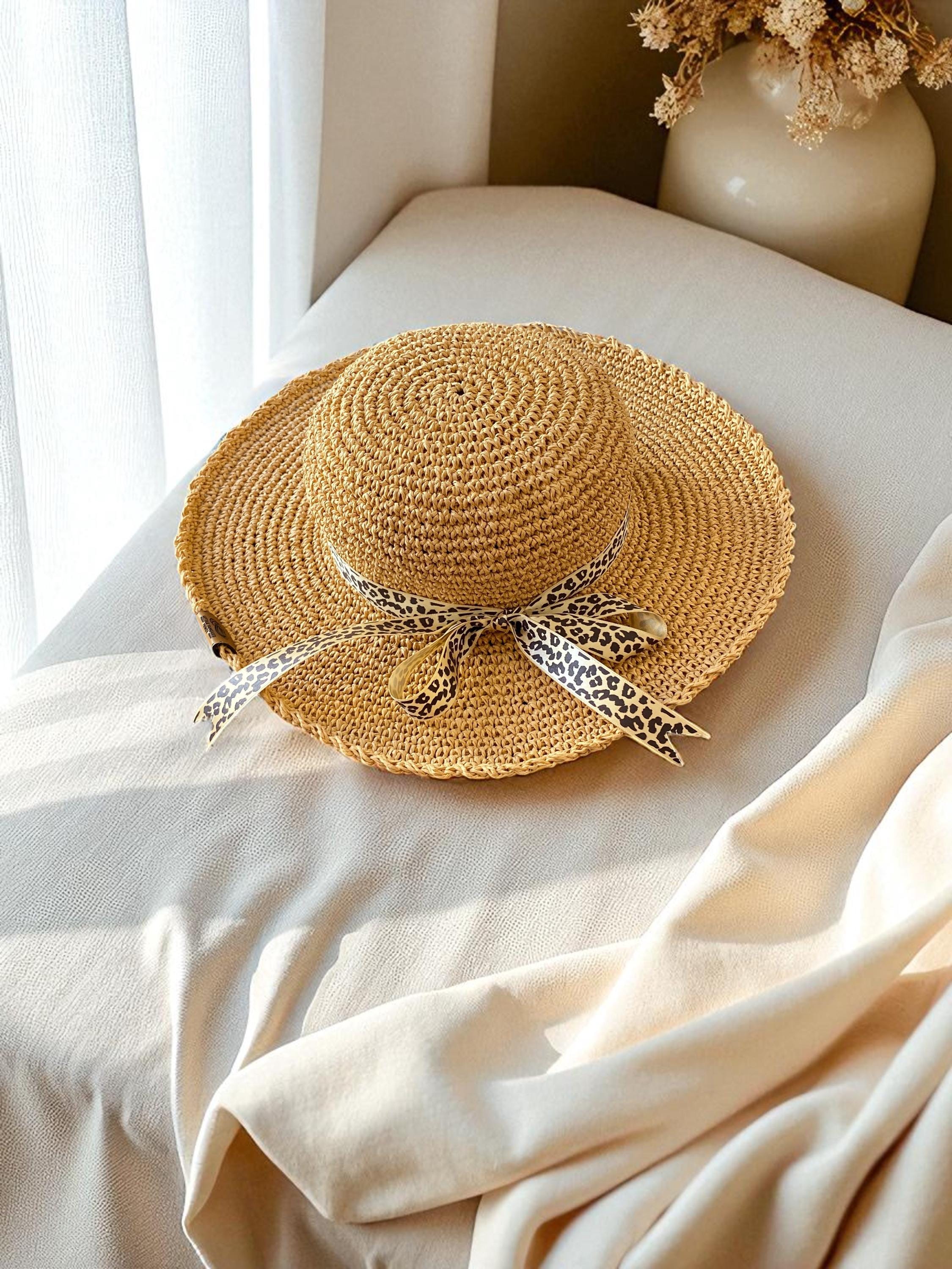 Unisex Leopard Print Ribbon Straw Sun Vacation Festival Beach Picnic Hats Buttercream Leopard Print Band Straw Sun Hat | Lime Lush  main image 4