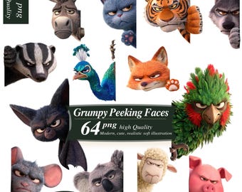 Ensemble de 64 images clipart PNG d'animaux grognons, avec des visages d'animaux domestiques amusants qui jettent un coup d'œil (usage commercial)