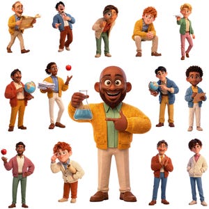 Peut inclure: Une collection de treize personnages de dessin anim&eacute; divers dans des poses vari&eacute;es, portant des cardigans, des pulls et des pantalons. Le personnage central tient un flacon en verre avec un liquide bleu, tandis que d'autres manipulent des objets.