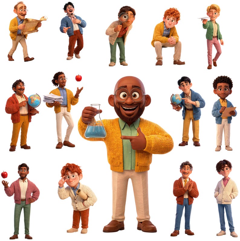 Peut inclure: Une collection de treize personnages de dessin anim&eacute; divers dans des poses vari&eacute;es, portant des cardigans, des pulls et des pantalons. Le personnage central tient un flacon en verre avec un liquide bleu, tandis que d'autres manipulent des objets.