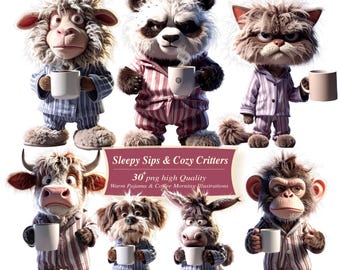 Images clipart PNG d'animaux endormis prenant un café, personnages en pyjama, graphismes pour sublimation sur tasse du matin (téléchargement instantané)