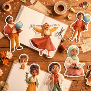 Peut inclure: Une collection d'autocollants d&eacute;coup&eacute;s repr&eacute;sentant des personnages anim&eacute;s, dont une personne tenant un globe, une personne avec une banni&egrave;re alphab&eacute;tique, une personne avec une loupe et une personne portant un hijab lisant un livre, sur du bois.