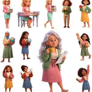 Peut inclure: Une collection de douze personnages anim&eacute;s divers repr&eacute;sent&eacute;s dans des poses vari&eacute;es, portant des cardigans, des jupes et des pulls. Les figures tiennent des objets tels que des livres, des globes, des pommes, des tasses et des presse-papiers.