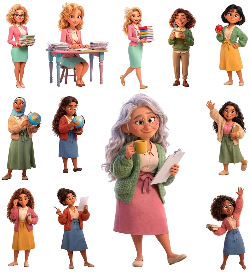 Peut inclure: Une collection de douze personnages anim&eacute;s divers repr&eacute;sent&eacute;s dans des poses vari&eacute;es, portant des cardigans, des jupes et des pulls. Les figures tiennent des objets tels que des livres, des globes, des pommes, des tasses et des presse-papiers.