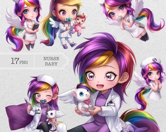 Cartoon Fantasy Krankenschwester Clipart Bundle: Kawaii medizinisch (digitaler Download)