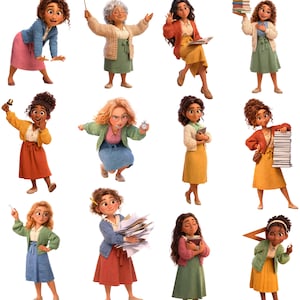 Peut inclure: Une collection de douze illustrations num&eacute;riques repr&eacute;sentant des personnages aux cheveux boucl&eacute;s ou ondul&eacute;s, portant des gilets de diff&eacute;rentes couleurs comme bleu, jaune, orange et vert, avec des jupes midi, tenant des livres, cloches et papiers.