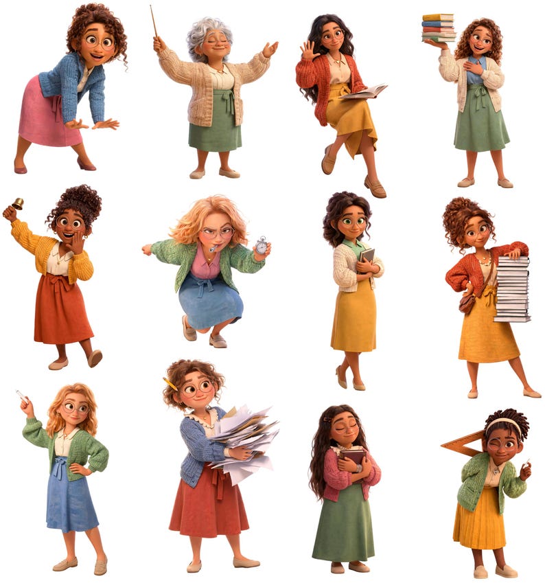 Peut inclure: Une collection de douze illustrations num&eacute;riques repr&eacute;sentant des personnages aux cheveux boucl&eacute;s ou ondul&eacute;s, portant des gilets de diff&eacute;rentes couleurs comme bleu, jaune, orange et vert, avec des jupes midi, tenant des livres, cloches et papiers.