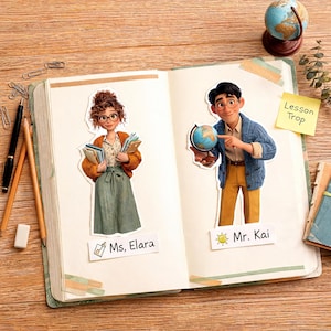 Peut inclure: Un carnet ouvert avec deux autocollants de personnages : Mme Elara, portant un gilet orange et une jupe verte, et M. Kai, portant un gilet bleu et un pantalon jaune, tenant un globe. Les &eacute;tiquettes indiquent Ms. Elara, Mr. Kai et Lesson Trop.