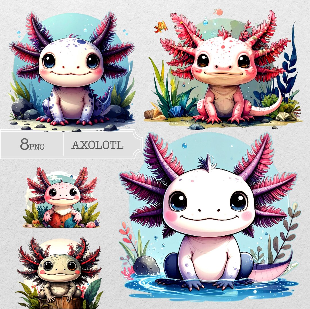Kawaii Axolotl Clipart Bundle Magical Cute Amphibian PNG Illustrations ...
