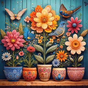 May include: A vibrant floral arrangement featuring colorful flowers, butterflies, and birds against a blue wooden backdrop. The flowers are in decorative pots with intricate patterns. The color palette includes shades of orange, pink, yellow, and blue.
